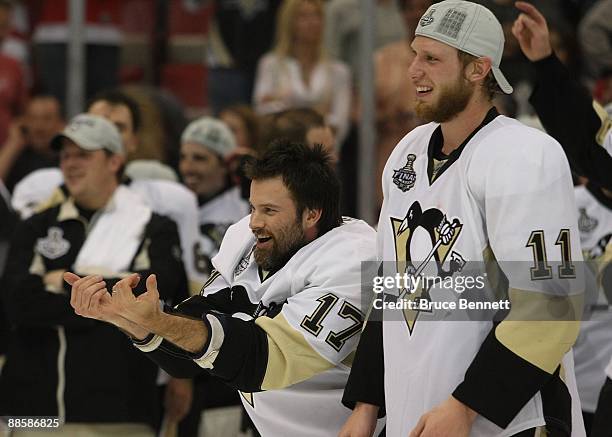 Petr Sykora and Jordan Staal of the Pittsburgh Penguins celebrate following the Penguins victory over the Detroit Red Wings in Game Seven of the 2009...