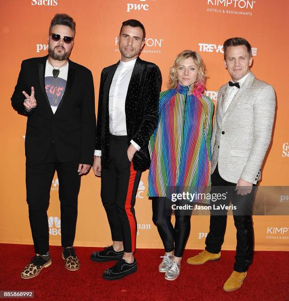 Branden Campbell, Tyler Glenn, Elaine Bradley and Chris Allen of Neon Trees attends The Trevor Project's 2017 TrevorLIVE LA at The Beverly Hilton...