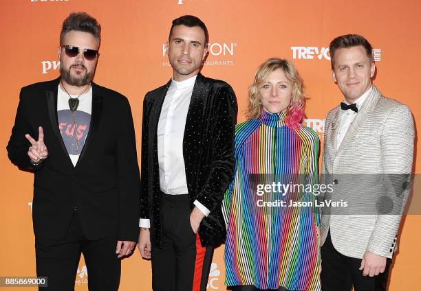 Branden Campbell, Tyler Glenn, Elaine Bradley and Chris Allen of Neon Trees attends The Trevor Project's 2017 TrevorLIVE LA at The Beverly Hilton...