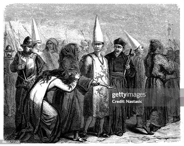 ilustrações de stock, clip art, desenhos animados e ícones de convicted heretic on the way to funeral pile, spain, 16th century, - queimadas