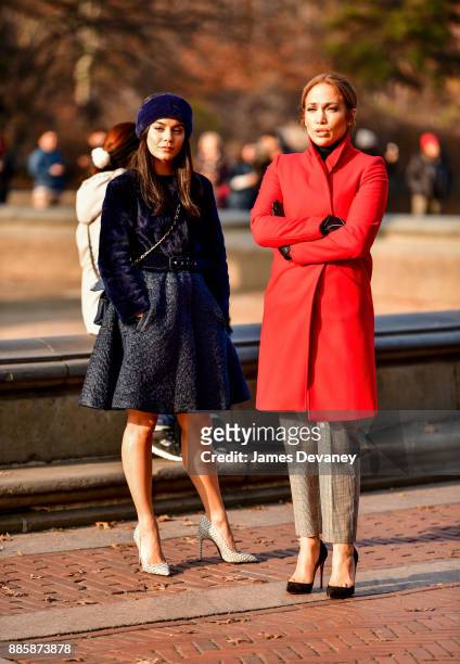 Vanessa Hudgens and Jennifer Lopez seen on location for 'Second Act' in Central Park on December 4, 2017 in New York City.