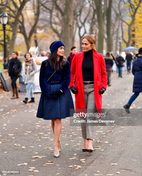 Vanessa Hudgens and Jennifer Lopez seen on location for 'Second Act' in Central Park on December 4, 2017 in New York City.