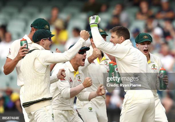 Steve Smith; David Warner; Tim Paine and Peter Handscomb of Australia celebrate after Nathan Lyon of Australia claimed the wicket of Alastair Cook of...