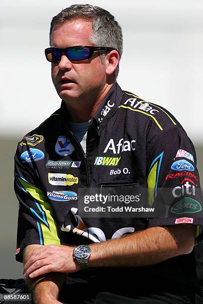 Bob Osborne, crew chief for the Aflac Ford driven by Carl Edwards, looks on during qualifying for the NASCAR Sprint Cup Series Toyota/Save Mart 350...