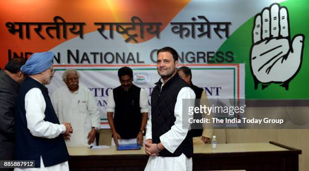 Rahul Gandhi, Manmohan Singh and Sushilkumar Shinde with party leaders during filing of nomination papers for the post of party President, at the...
