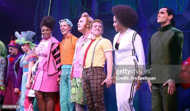 Actors Gavin Lee, Danny Skinner, Ethan Slater, Lilli Cooper and cast attend the"Spongebob Squarepants" Broadway opening night at Palace Theatre on...