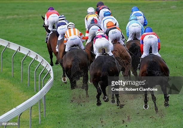 The field rounds the first bend during race three the Programmed Property Services Handicap at Moonee Valley Racing Club on June 20, 2009 in...