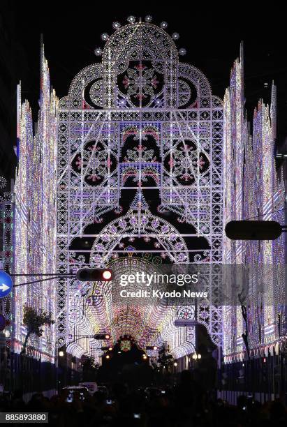 The organizers check the lighting at the venue of the Kobe Luminarie light festival in Kobe on Dec. 4, 2017. The festival, to be held Dec. 8 to 17,...