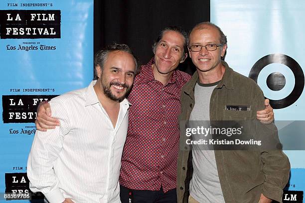 Filmmakers Nicolas Vale, Carlos Hagerman and Juan Rulfo pose together following a screening of "Those Who Remain" at the Landmark Theater during the...