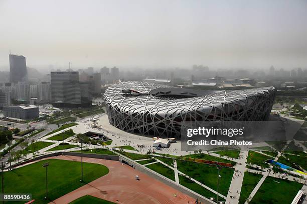 An elevated view of the Bird's Nest is seen on June 20, 2009 in Beijing, China. The National Stadium, known as the "Bird's Nest ", has become a top...