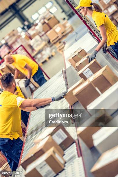 postal workers sorting packages - boxes conveyor belt stock pictures, royalty-free photos & images