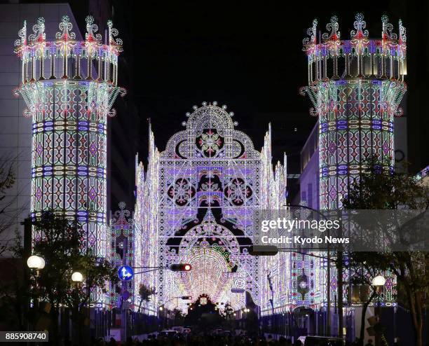 The organizers check the lighting at the venue of the Kobe Luminarie light festival in Kobe on Dec. 4, 2017. The festival, to be held Dec. 8 to 17,...