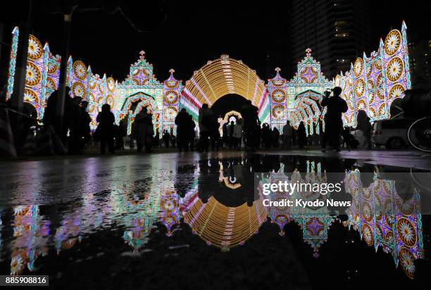 The organizers check the lighting at the venue of the Kobe Luminarie light festival in Kobe on Dec. 4, 2017. The festival, to be held Dec. 8 to 17,...