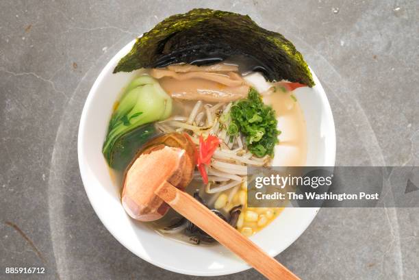 Vegetable Ramen with scallions, bamboo shoots, wood ear, corn, bok-choy, mushroom, tofu & bean sprouts at Akira Ramen & Izakaya in Rockville, MD...