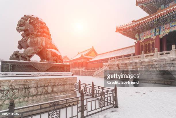 the forbidden city with snow- beijing, china - beijing city stock-fotos und bilder