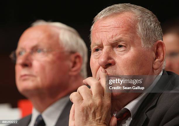 Oskar Lafontaine and Lothar Bisky, both co-Chairmen of the German left-wing party Die Linke, attend the party's national convention on June 20, 2009...