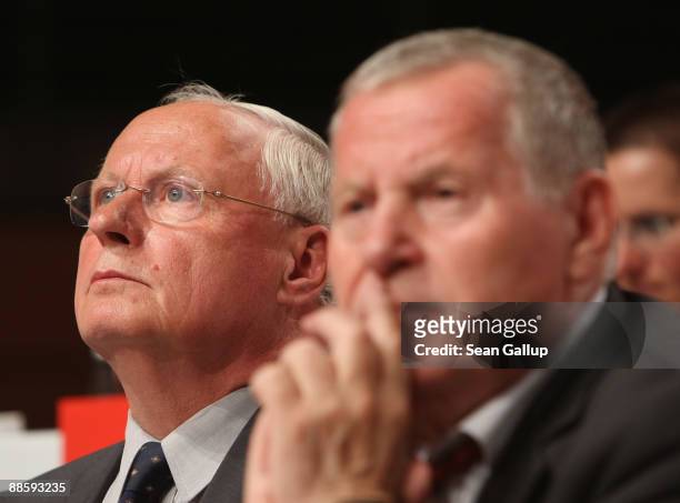Oskar Lafontaine and Lothar Bisky, both co-Chairmen of the German left-wing party Die Linke, attend the party's national convention on June 20, 2009...