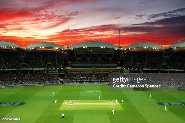 General view at sunset during day four of the Second Test match during the 2017/18 Ashes Series between Australia and England at Adelaide Oval on...