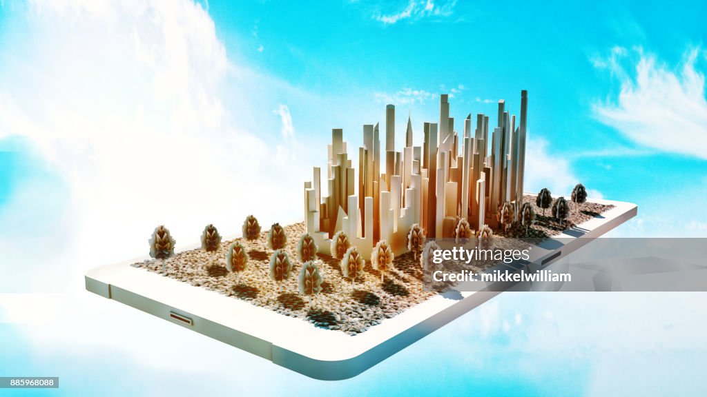 Concepto de ciudad inteligente del futuro en pequeña escala en un teléfono móvil