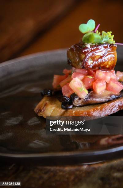 foie gras teriyaki bruschetta - teriyaki sauce stock pictures, royalty-free photos & images