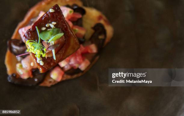 foie gras teriyaki bruschetta - teriyaki sauce stock pictures, royalty-free photos & images