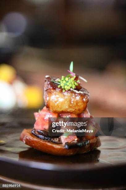 foie gras teriyaki bruschetta - fusion food stock pictures, royalty-free photos & images