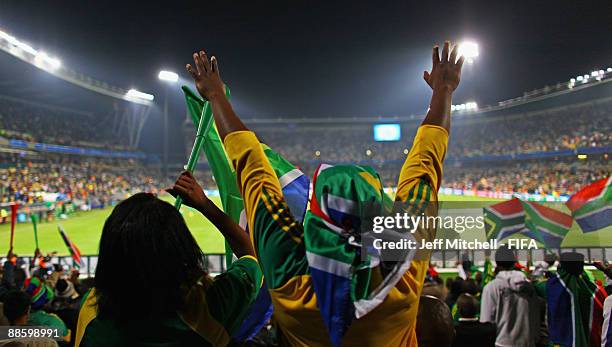 South Africa supporters react during the FIFA Confederations Cup match between Spain and South Africa at the Free State stadium on June 20, 2009 in...