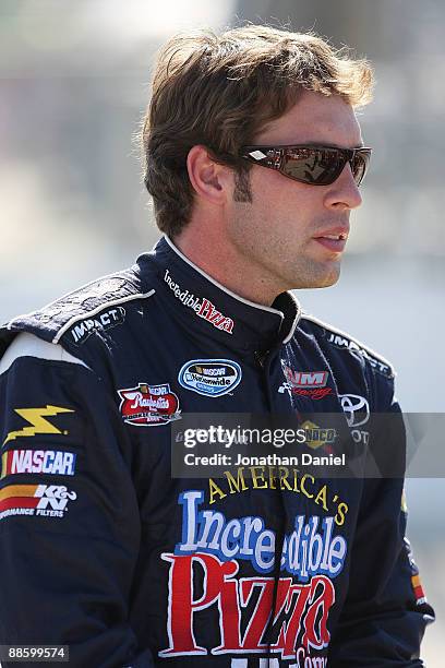 Scott LaGasse Jr., driver of the America's Incredible Pizza Company Toyota, waits to qualify for the NASCAR Nationwide Series NorthernTool.com 250 on...