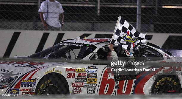 Carl Edwards, driving the Save-a-lot Ford, celebrates a win at the NASCAR Nationwide Series NorthernTool.com 250 on June 20, 2009 at the Milwaukee...