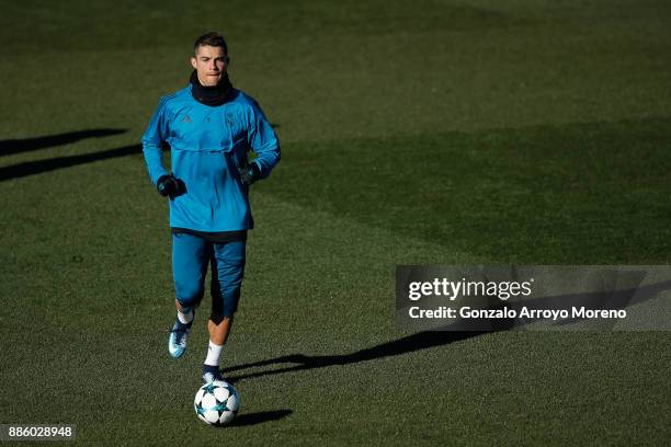 Cristiano Ronaldo of Real Madrid in action during a Real Madrid training session at Valdebebas training ground on December 5, 2017 in Madrid, Spain.