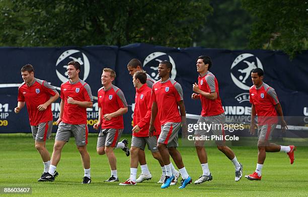 Fraizer Campbell of England in action with team mates during an England U21 training session at the Ovrevi on June 21, 2009 in Tvaaker, Sweden....