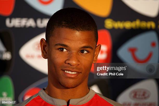 Fraizer Campbell of England attends a press conference at the Overvi Arena on June 21, 2009 in Tvaaker, Sweden. England will play Germany in the UEFA...