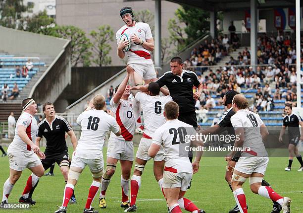 James Gaskell of England in lineout action during the IRB Junior World Championship Japan 2009 Final between England and New Zealand at Prince...