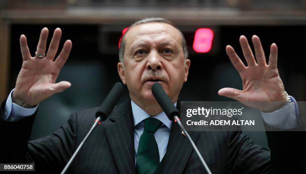 President of Turkey and Leader of the Justice and Development Party , Recep Tayyip Erdogan, gives a speech during an AK party's group meeting at the...