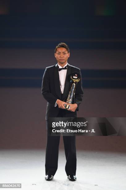 Yu Kobayashi of Kawasaki Frontale receives the J.League Player of the Year Award during the 2017 J.League Awards at Yokohama Arena on December 5,...