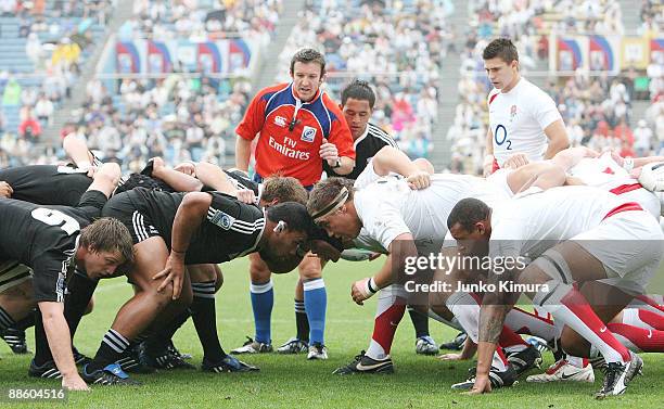 England and New Zealand pack down for the scrum during the IRB Junior World Championship Japan 2009 Final between England and New Zealand at Prince...