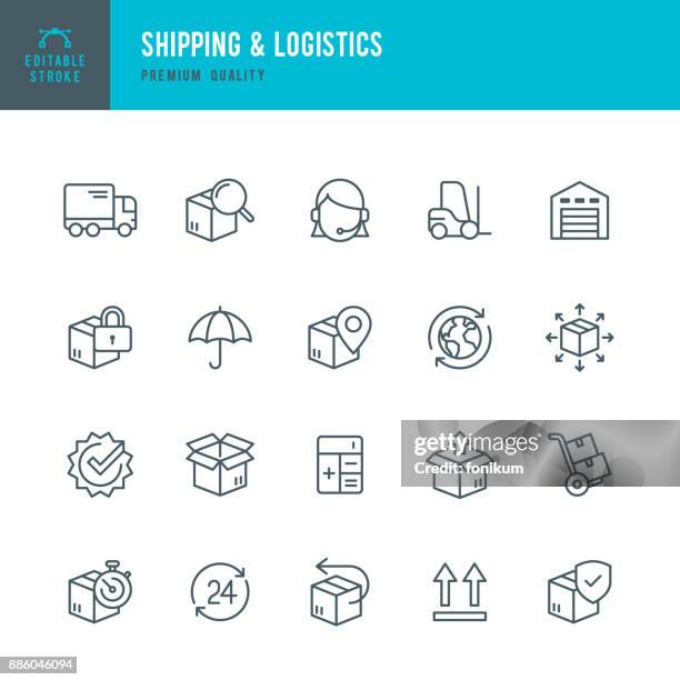 illustrazioni stock, clip art, cartoni animati e icone di tendenza di shipping & logistic - set di icone vettoriali a linea sottile - cartone contenitore