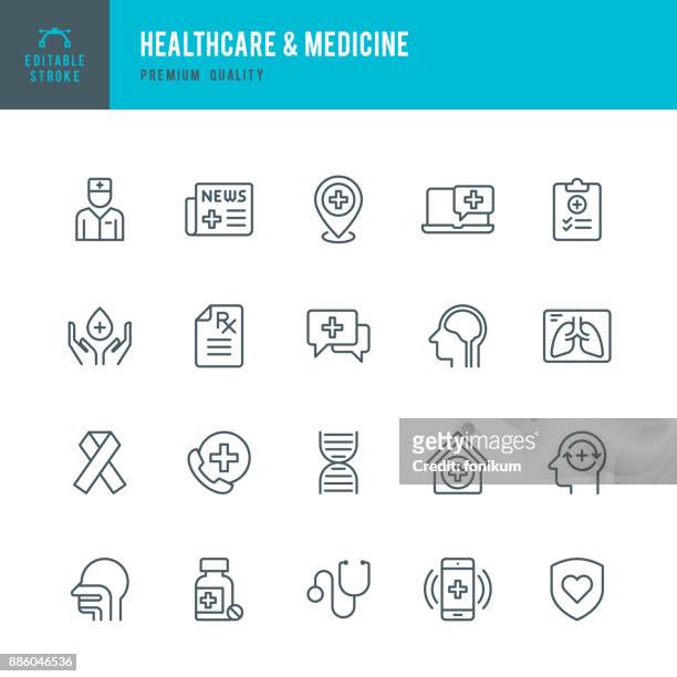 healthcare & medicine - set of thin line vector icons - hand pill stock illustrations