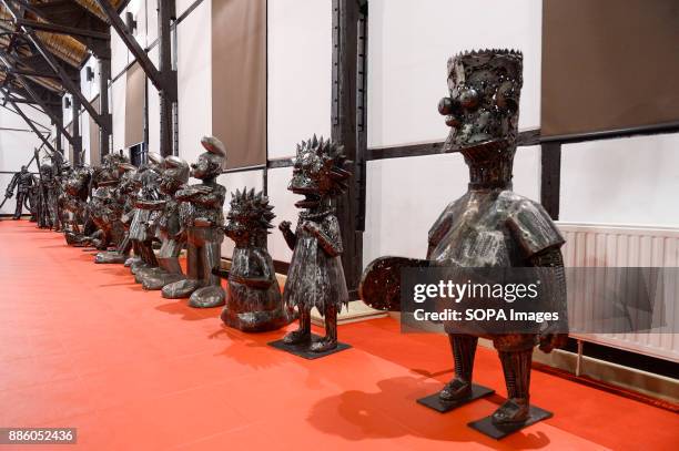 Sculpture of Bart Simpson seen during the temporary exhibition called 'Gallery of Steel Figures' at the Museum of Municipal Engineering in Krakow....