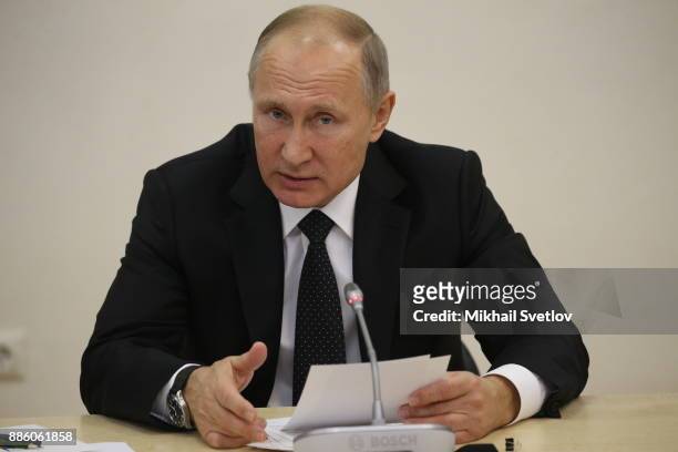 Russian President Vladimir Putin speeches while visiting the State Academy of Arts Specialized on December 5, 2017 in Moscow, Russia. Photo by...