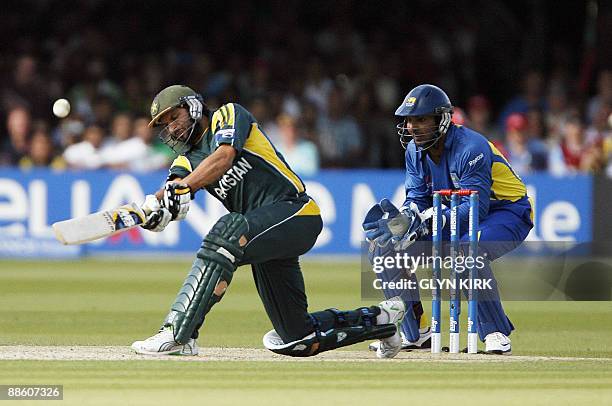 Shahid Afridi of Pakistan hits a six against Sri Lanka during the ICC Twenty20 Cricket World Cup final at Lords in London, on June 21, 2009. AFP...