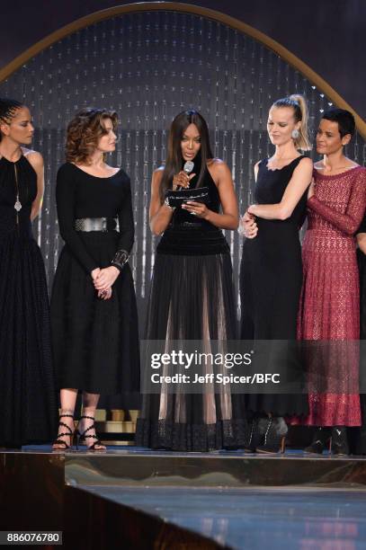 Veronica Webb, Stephanie Seymour, model Naomi Campbell, model Eva Herzigova, Nadege du Bospertus on stage during The Fashion Awards 2017 in...