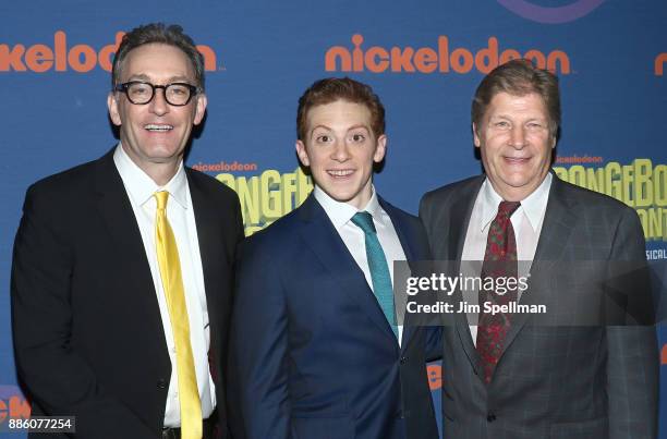 Voice actor Tom Kenny, actor Ethan Slater and songwriter Andy Paley attend the "Spongebob Squarepants" Broadway opening night after party at The...