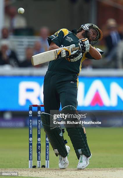 Shahid Afridi of Pakistan takes evasive action during the ICC World Twenty20 Final between Pakistan and Sri Lanka at Lord's on June 21, 2009 in...