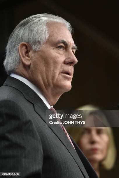 Secretary of State Rex Tillerson and EU foreign policy chief Federica Mogherini give a joint press conference at the European Union Council building...