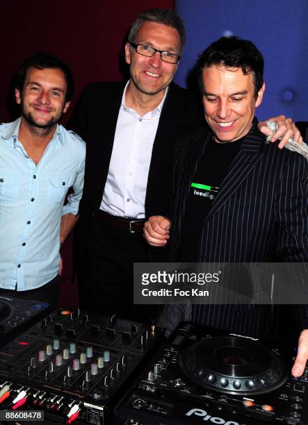 Hosts Jeremy Michalak, Laurent Ruquier and Philippe Vandel attend the Philippe Vandel DJ Party at the Murano Hotel on June 11, 2009 in Paris, France.