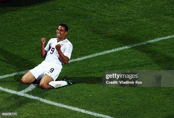 Charlie Davies of the USA celebrates after scoring the 0:1 goal during the FIFA Confederations Cup match between Egypt and USA at Royal Bafokeng...