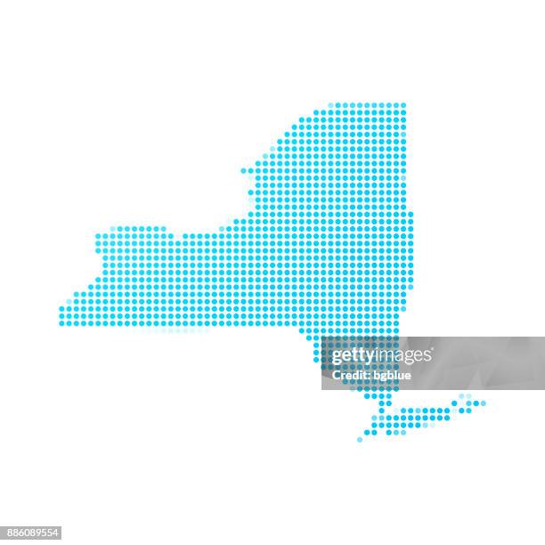 new york map of blue dots on white background - new york state outline vector stock illustrations