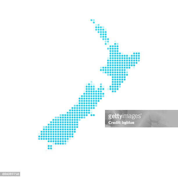 new zealand map of blue dots on white background - new zealand map stock illustrations