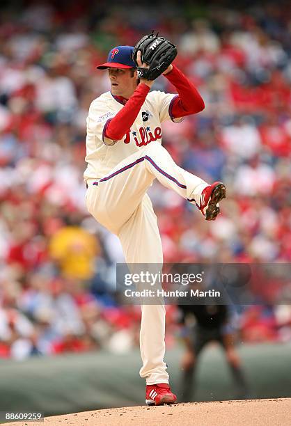Starting pitcher Cole Hamels of the Philadelphia Phillies delivers a pitch during a game against the Baltimore Orioles at Citizens Bank Park on June...